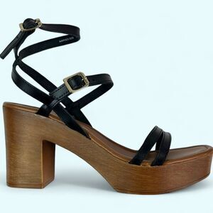 Seychelles Double Dip Platform Strappy Heel Sandal 8 Black Leather Chunky Boho